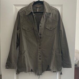 Free People Olive Green Distressed Shirt Jacket